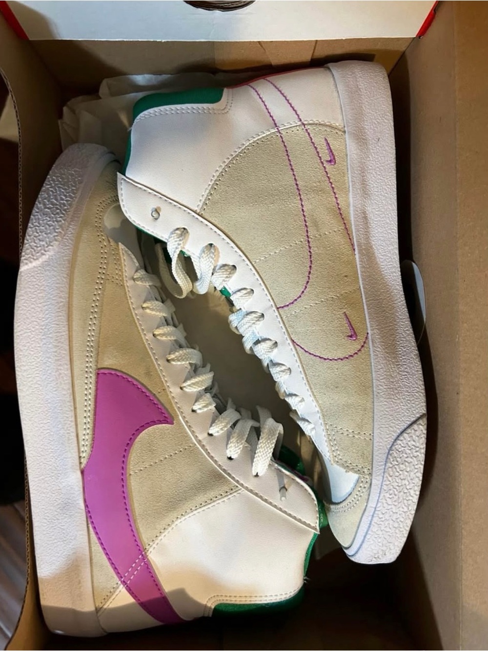 Nike Women's High-Top Sneakers in White, Cream, Pink & Green